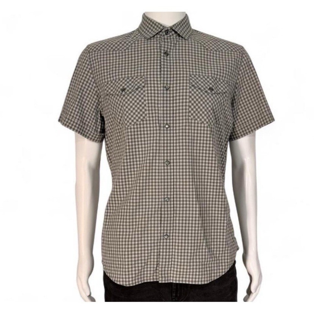 Banana Republic Western Shirt Mens Large Gray Gingham Short Sleeve Excellent L